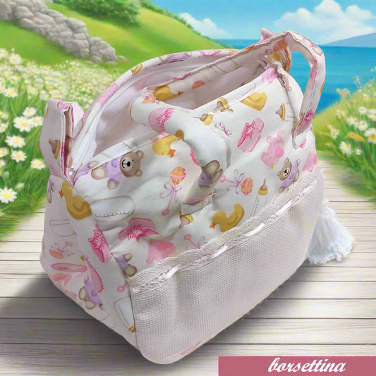 orsetti rosa lilla Borsa porta oggettistica neonate bimbe corredino da ricamare a punto croce con tela aida articoli tessili prima infanzia biancheria cameretta e cambio per pannolino viaggio bebè