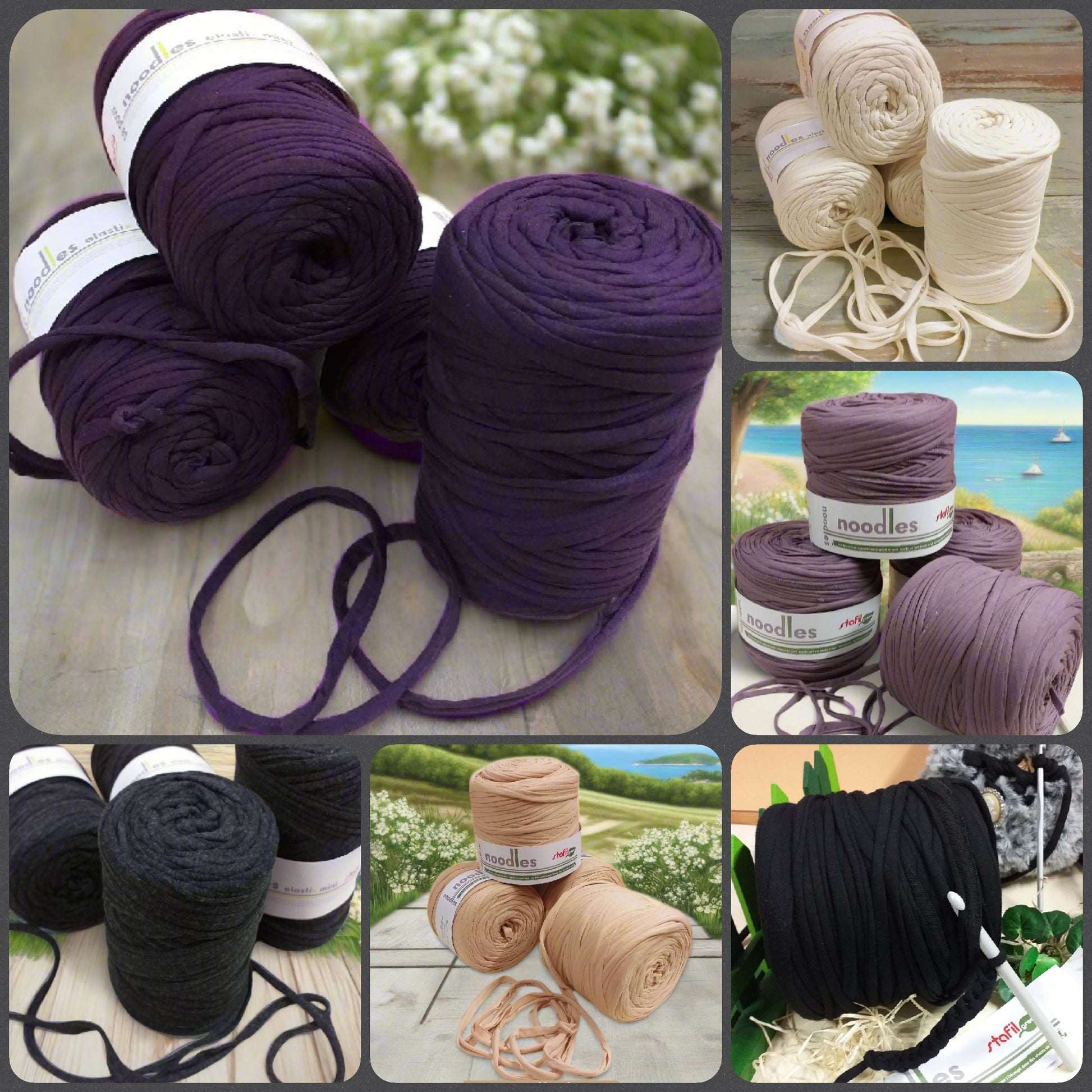 colori autunnali 600 g 119911 fettuccia per uncinetto cotone elastico filati Stafil green Noodles stretch uso creare borse zainetto cestini tappeti cuscini arredamento clutch bags cerimonia pochette abbigliamento shop crochet viola melanzana crema fiori di lillà grigio scuro cammello chiaro nero