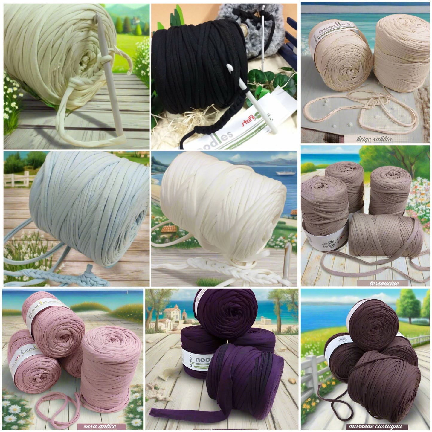 colori pastello autunnali 600 g 119911 fettuccia per uncinetto cotone elastico filati Stafil green Noodles stretch uso creare borse zainetto cestini tappeti cuscini arredamento clutch bags cerimonia pochette abbigliamento shop crochet verde chiaro nero beige sabbia azzurro pastello panna beige torroncino rosa antico viola marrone castagna
