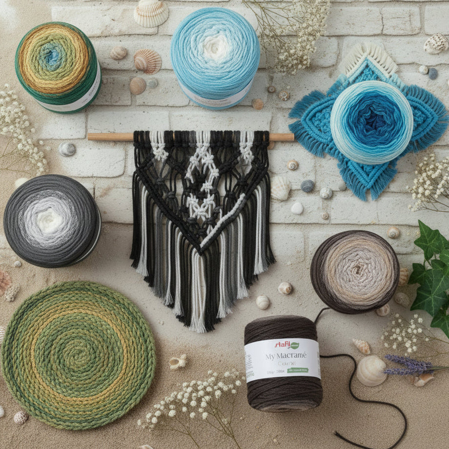 marrone beige nocciola crema e altri misti di colore con nero verde azzurro blu cordoncino cotone green riciclato 70% My Macramè Stafil maxi gomitolo 250 g circa 220 metri spessore 2 mm corda sfumato cordino per uncinetto 5-6 