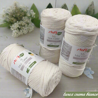 corda macramè bianco crema lurex cordoncino filato cotone uncinetto maglia con filo glitterato uso addobbi decorazioni palline sfere albero Natale fai da te tessitura nodi intrecci costumi borse pochette mare spiaggia canotta top canottiera