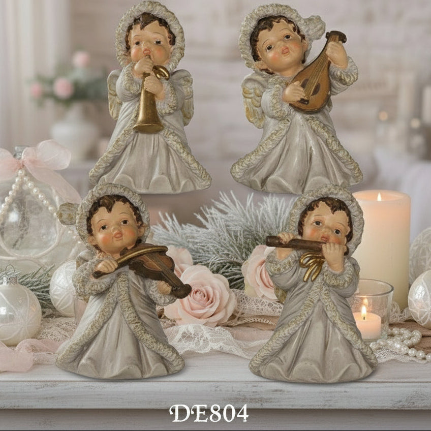 crema bianco oro angeli bomboniere statuine forma angioletto musicale violino arpa flauto idee regalo per Battesimo Comunione Cresima statuette da collezione vetrinistica ricordini natalizi oggettini pensierini come segnaposto