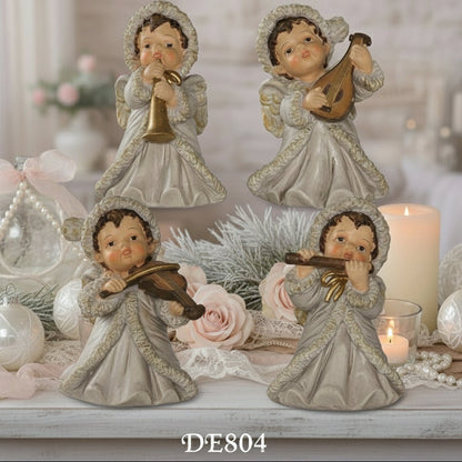 crema bianco oro angeli bomboniere statuine forma angioletto musicale violino arpa flauto idee regalo per Battesimo Comunione Cresima statuette da collezione vetrinistica ricordini natalizi oggettini pensierini come segnaposto