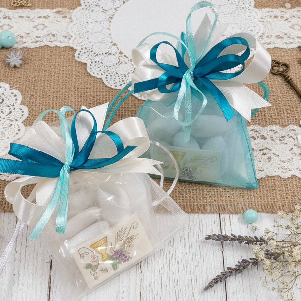 bianco turchese tiffani-chiaro bomboniere assortite colori bustine organza sacchetti portaconfetti colorati confezionati 5 confetti italiani bigliettino matrimonio anniversario nozze compleanno cresima comunione battesimo