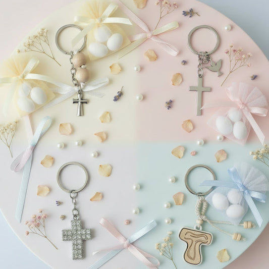 vari modelli croce portachiavi strass legno metallo per bomboniere Comunione/Cresima anche insieme stesso Santo Giorno, solo oggetto o confezione con confetti tulle nastrino di raso