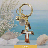 Portachiavi dorato charms ciondoli Croce Tau smalto bianco per bomboniere Prima Comunione Santa Cresima Battesimo simboli Crocifisso ricordini religiosi pensierini gadget party favors