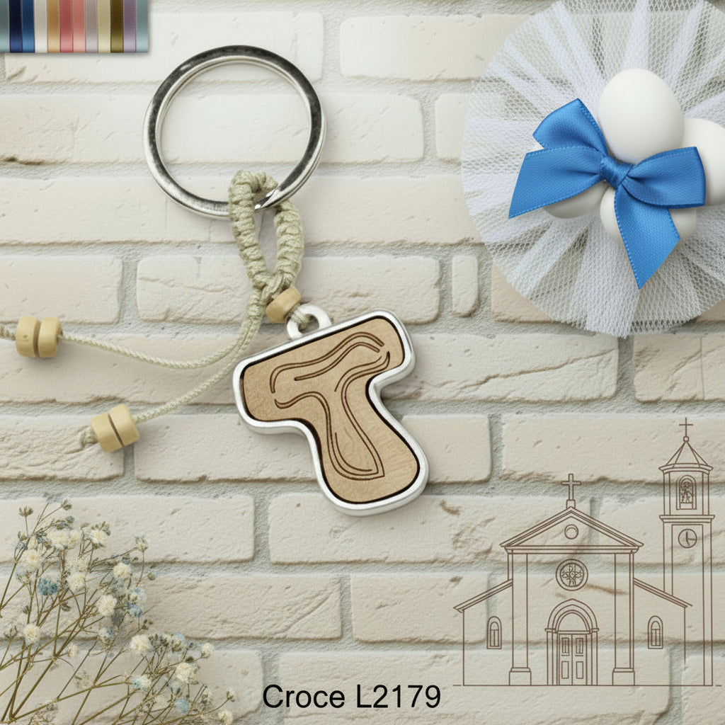 Tau metallo legno francescano portachiavi corda perline ricordino di Croci per bomboniere sacre religiose Prima Comunione Cresima