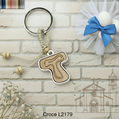 Tau metallo legno francescano portachiavi corda perline ricordino di Croci per bomboniere sacre religiose Prima Comunione Cresima
