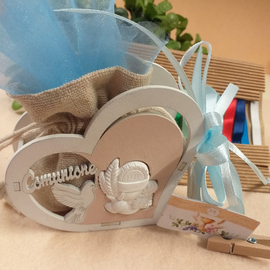 celeste azzurro maschietto piantina portaconfetti cuore simboli colomba gessetto calice spighe uva scritta comunione legno icona sacra religiosa per bambino ragazzo bimbo bambina ragazza bimba da confezionare con sacchettino juta bigliettino nastri kit fai da te