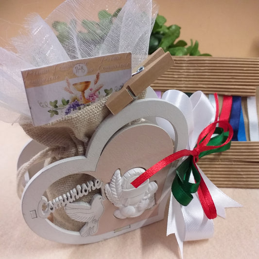 portaconfetti cuore piantina Calice simboli spighe uva legno icona sacra religiosa Prima Comunione per bambino ragazzo bimbo bambina ragazza bimba confezionata con sacchettino juta tulle nastro rosso verde bianco Italian bigliettino e confetti