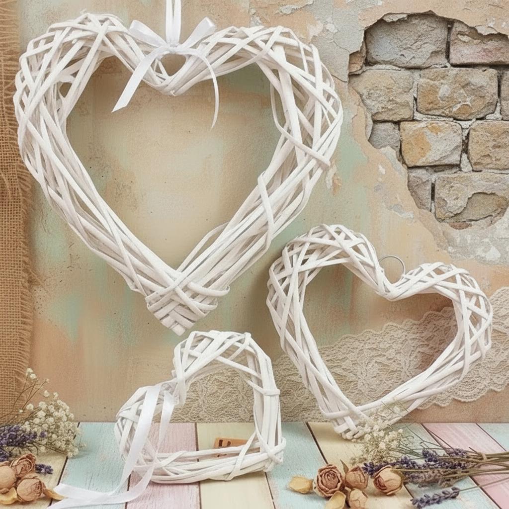 misure piccolo medio grande cuore vimini bianco intrecciato ghirlanda rattan di midollino viticcio uso cornice da decorare fuoriporta allestimento san valentino festa mamma natale pasqua fiocco nascita coccarda
