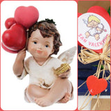statuetta angelo cupido san valentino confezione regalo cuoricini legno sticker rossi rafia angioletto seduto con palloncini