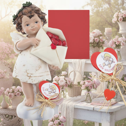 statuetta angelo cupido san valentino confezione regalo cuoricini legno sticker rossi rafia angioletto in piedi lettera