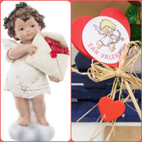 statuetta angelo cupido san valentino confezione regalo cuoricini legno sticker rossi rafia angioletto in piedi lettera