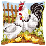 pollaio gallo gallina pulcini pasquali in campagna paesaggio kit fili schemi tela disegnata stampata colorata per ricamo mezzo punto croce canovaccio canvas cuscino