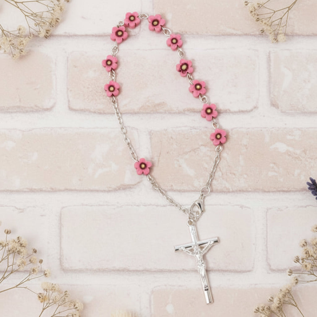 bomboniere sacre religiose Santa Cresima Santo Giorno Prima Comunione Rosario di perle decina Croce metallo zama fiorellini perline rosa