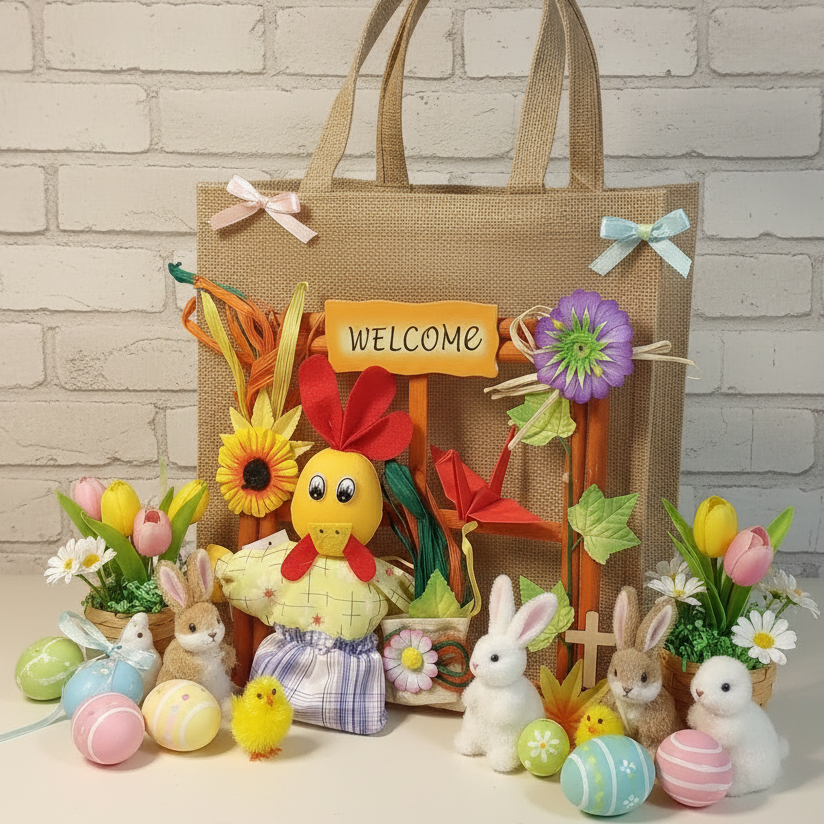 borsa regalo pasquale packaging colomba uova cioccolato con addobbi e decorazioni gallo pulcini ovetti coniglietti fiori tulipano margherite