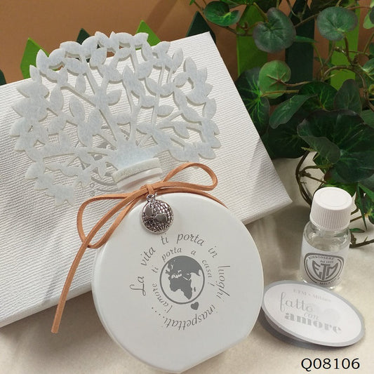 offerta fatto con amore albero della vita feltro pannolenci mappamondo globo mondo frase scritta la vita e l'amore bomboniera diffusore profumo profumatore essenza scatola regalo packaging confezionamento gift box Etm
