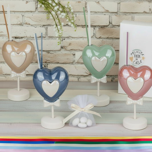 cuore piantina beige blu verde bordeaux rosa antico diffusore profumatore porcellana confezionare confetti tulle e nastrino di raso con astuccio scatola da bomboniera matrimonio Comunione Cresima Battesimo
