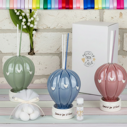 mongolfiera beige blu verde bordeaux rosa antico diffusore profumatore porcellana confezionare confetti tulle e nastrino di raso con astuccio scatola da bomboniera matrimonio Comunione Cresima Battesimo