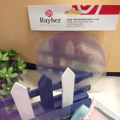 rayher confezione da 8 pezzi mpn 38-747-00 folie für untersetzer 15 cm rayher disco piatto pvc plastica morbida acetato rigido medaglione 15 cm uso decorazioni fai da te sottopiatto sottovaso