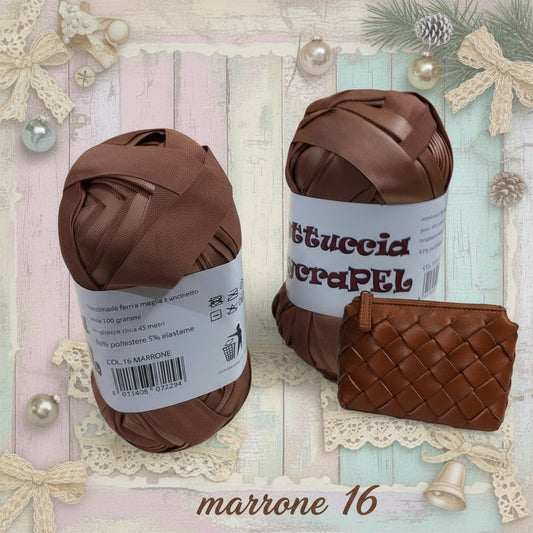 gomitolo MAS lycraPel fettuccia ecopelle marrone chiaro uso cordino per borse uncinetto abbigliamento moda rivestire manici realizzare pochette clutch bags