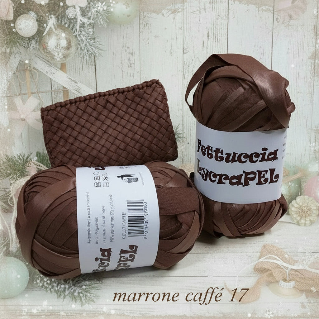 gomitolo MAS lycraPel fettuccia ecopelle marrone caffè uso cordino per borse uncinetto abbigliamento moda rivestire manici realizzare pochette clutch bags