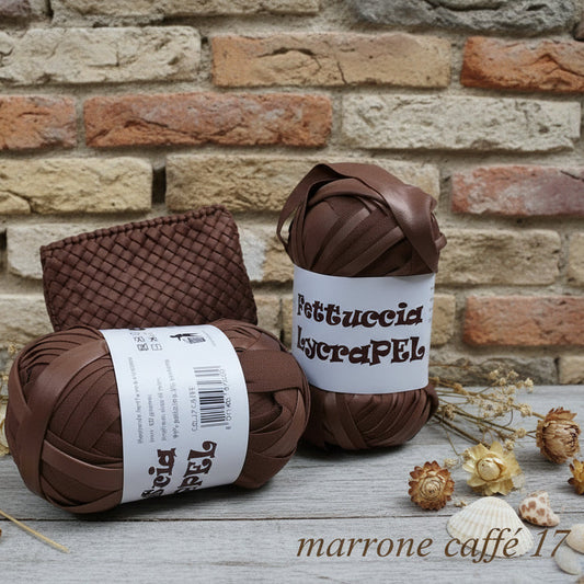 gomitolo MAS lycraPel fettuccia ecopelle marrone caffè uso cordino per borse uncinetto abbigliamento moda rivestire manici realizzare pochette clutch bags