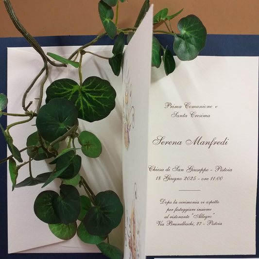 esempio di stampa carattere elegante colore inchiostro seppia annuncio Prima Comunione Santa Cresima insieme nello stesso santo giorno nome cognome cresimanda nome indirizzo Chiesa data invito al ristorante con indirizzo