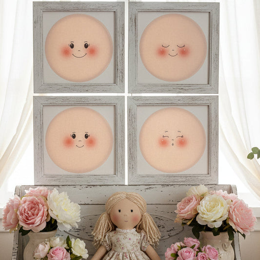 bambole di pezza grandi fai da te cucito creativo faccine maglina misto lycra 16 cm pannello per creare pigotte di stoffa tessuto capelli lana vestina cotonina ambiente shabby primavera