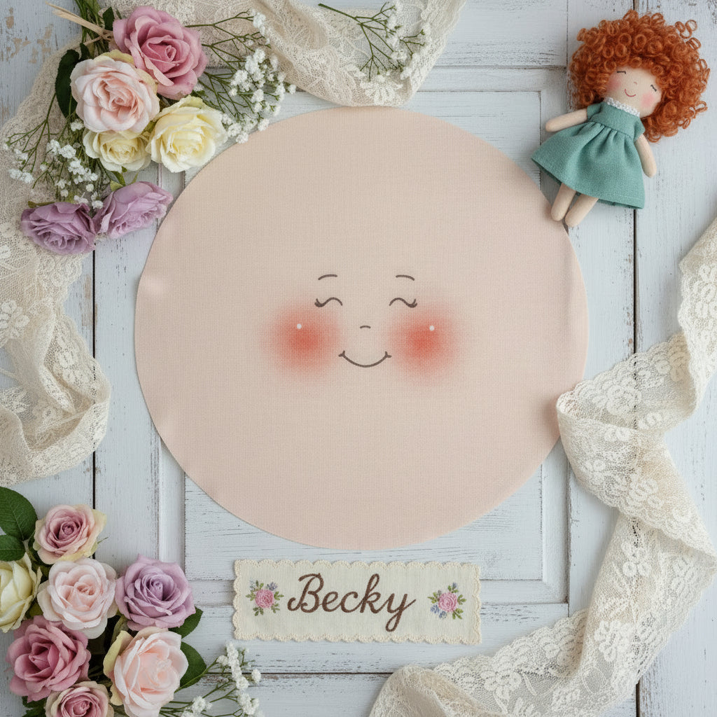 Becky occhi chiusi sorriso bambole di pezza grandi fai da te cucito creativo faccine maglina misto lycra 16 cm pannello per creare pigotte di stoffa tessuto capelli lana vestina cotonina ambiente shabby primavera