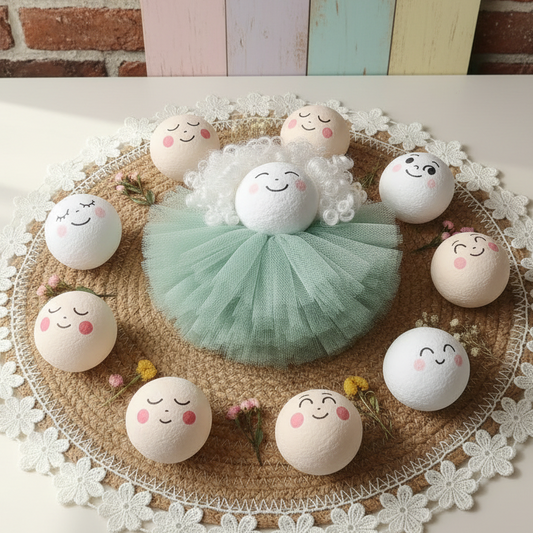 testine bambole angelo custode angioletti visi faccine 25 mm ovatta teste dipinte facce disegnate colore bianco pelle tinta carne idea fai da te pompon tulle bambolina