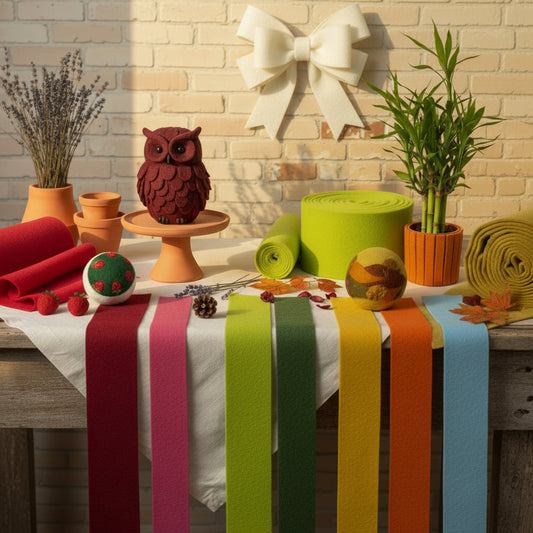 idee e colori vetrina nastro di feltro lana cotta panno da infeltrire per decorazioni addobbi natalizi rivestire vasi di terracotta base albero piante sagome palline polistirolo bambole di pezza e gufo bordeaux