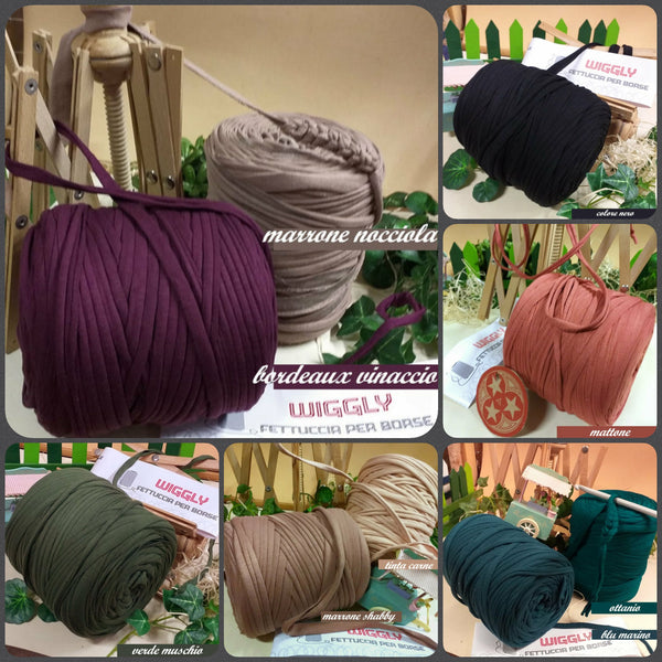 blu ottanio bordeaux beige marrone nero mattone Wiggly fettuccia per borse uncinetto crochet bag pochette eco cotone lycra di qualità special edition Cucirini Tre Stelle filato yarn garne t-shirt colorato moda fashion abbigliamento e cestini