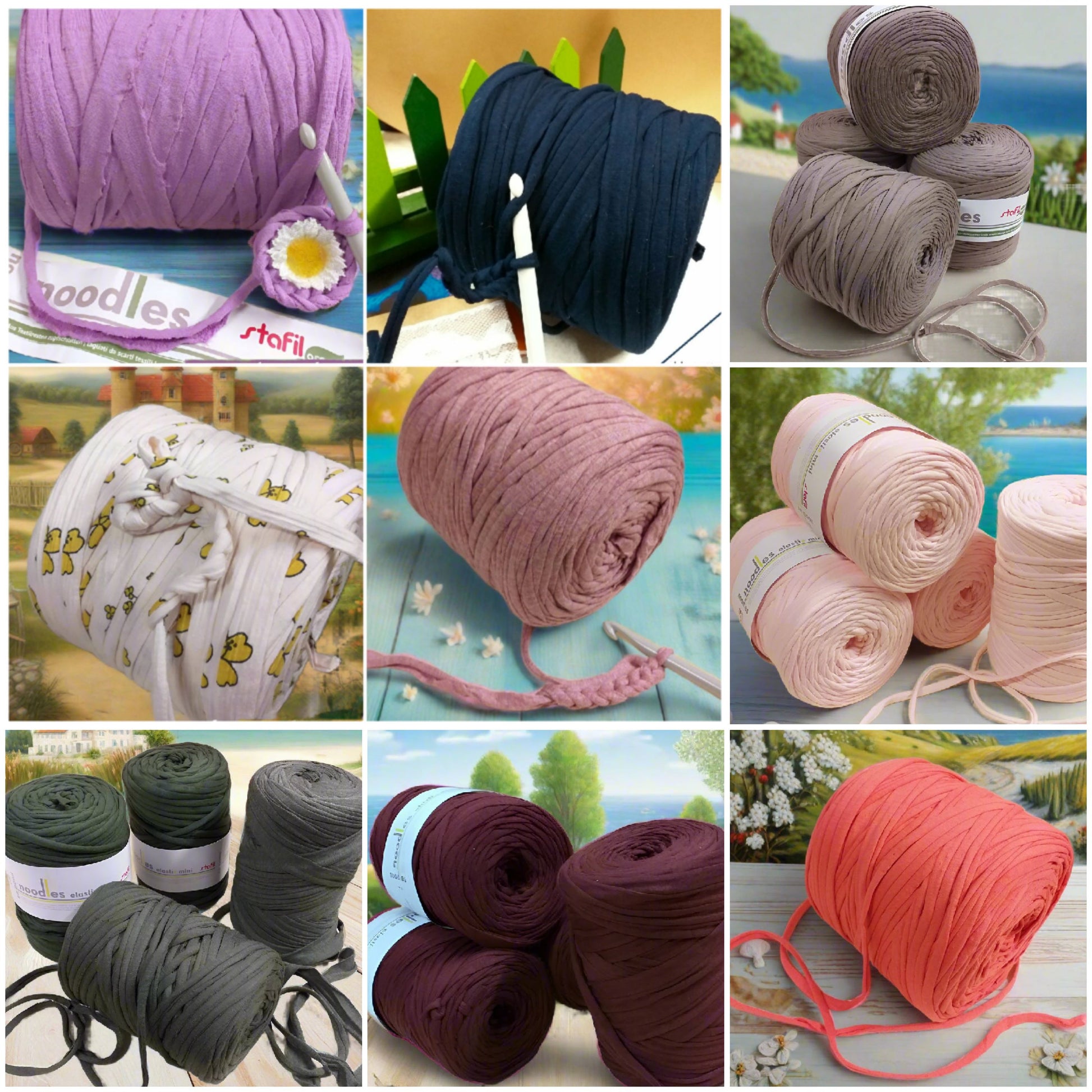 tinta unita fantasia rosa verde nocciola salmone lilla lavanda marrone 119927 e 119911 stafil t-shirt garn stretch yarn fettuccia elasticizzata maglina cotone noodles per uncinetto borse crochet bags clutch cestini tappeti cuscini collane braccialetti ceste porta enfant scaldacollo natale