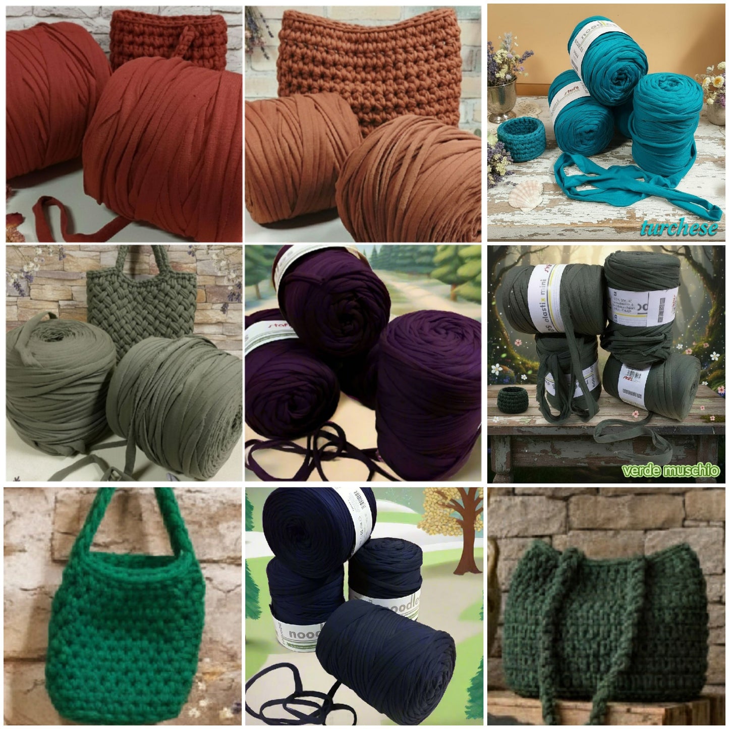 119927 e 119911 stafil t-shirt garn stretch yarn fettuccia elasticizzata maglina cotone noodles per uncinetto borse crochet bags clutch cestini tappeti cuscini collane braccialetti ceste porta enfant scaldacollo natale colori verde blu viola turchese mattone terracotta