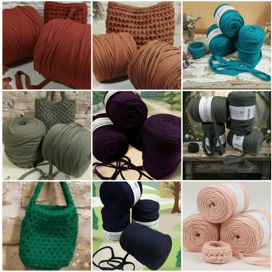 119927 e 119911 stafil t-shirt garn stretch yarn fettuccia elasticizzata maglina cotone noodles per uncinetto borse crochet bags clutch cestini tappeti cuscini collane braccialetti ceste porta enfant scaldacollo pasquale colori verde blu viola turchese mattone terracotta