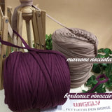 marrone nocciola bordò vinaccio fashion moda Wiggly fettuccia per borse uncinetto crochet bag pochette eco cotone lycra Cucirini Tre Stelle filato yarn garne t-shirt colorato abbigliamento