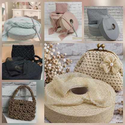nero argento rosa antico menta glitter oro grigio giallino marrone colori fettuccia lurex glitter brillantinata borse uncinetto pochette borsellino estivo
