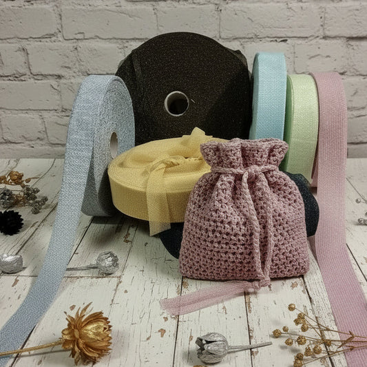 nero argento rosa antico menta glitter oro grigio giallino marrone colori fettuccia lurex glitter brillantinata borse uncinetto pochette borsellino estivo