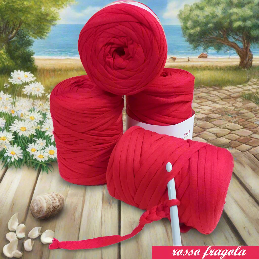 rosso fragola fettuccia cotone elastico stafil Noodles per borse uncinetto estive pochette clutch bags sacca mare abbigliamento moda sportina borsina cestini bimbi pelosetti cucce culle