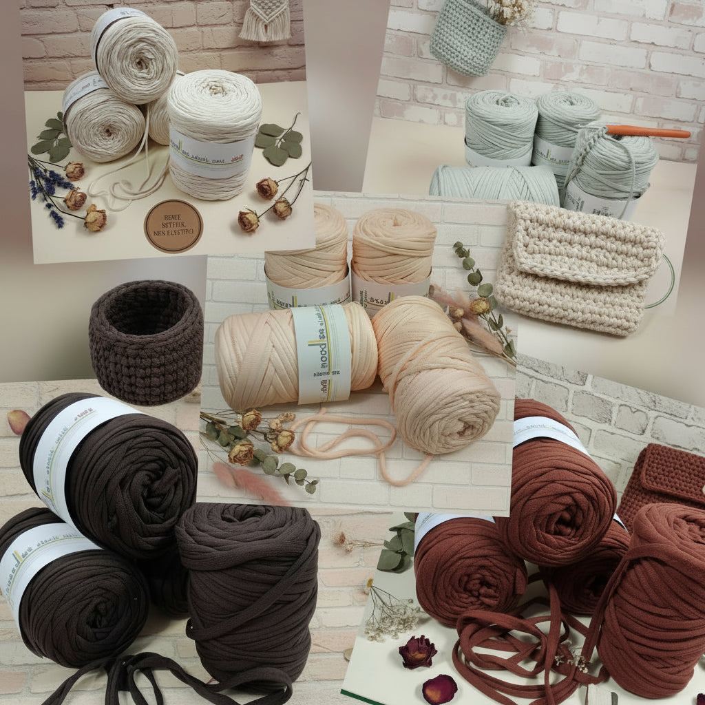 crema beige chiaro grigio salvia marrone scuro e mattone rosa pesca colori fettuccia eco cotone elastico per borse e cestini uncinetto o arazzi da parete macramè