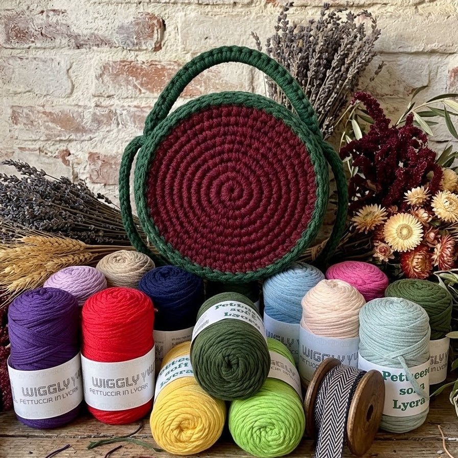 rosa pesca azzurro beige viola giallo  rosso arancione verde lime blu fucsia cestino colori nuovi fettuccia lycra soft mas borse pochette clutch bag uncinetto modello circolare rotondo con tracolla bicolore