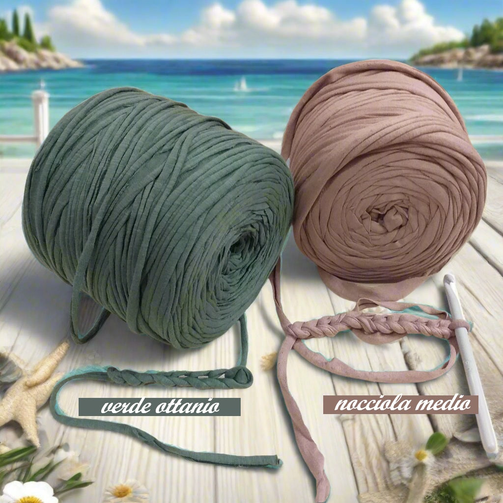 verde ottanio e nocciola medio 119911 stafil t-shirt garn stretch yarn fettuccia elasticizzata maglina cotone noodles per uncinetto borse crochet bags clutch cestini tappeti cuscini collane braccialetti ceste porta enfant abbigliamento moda mare
