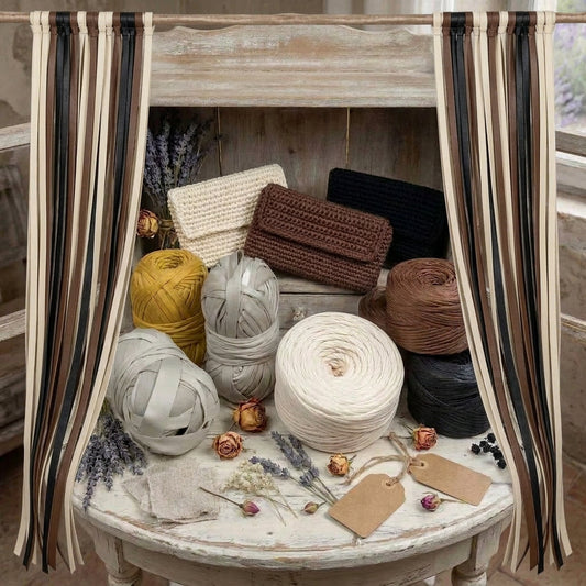 tende e pochette uncinetto piccole borse fatte con fettuccia mas soft eco ecopelle bianco marrone caffè nero grigio beige senape