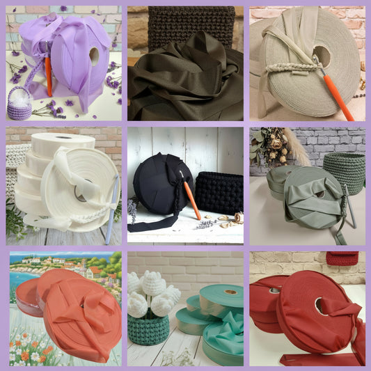 colori autunno inverno moda fettuccia lycra jersey borse uncinetto e cestini maglina stafil lilla lavanda marrone beige corda bianco panna nero verde salvia arancio zucca tiffani-chiaro e bordeaux mattone