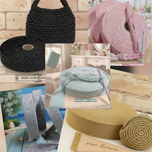 nero argento rosa antico menta glitter oro grigio colori fettuccia lurex glitter brillantinata borse uncinetto pochette borsellino estivo