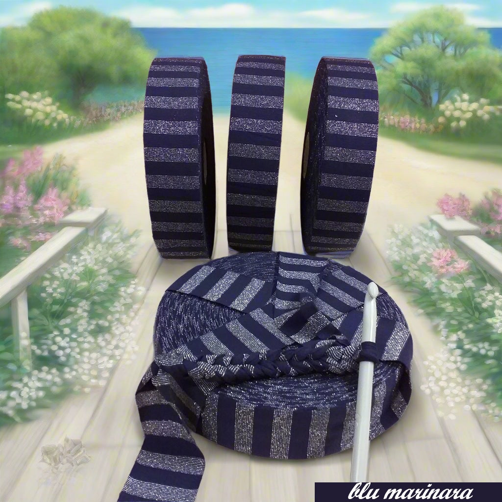 blu marinara con glitter brillantini lamè fettuccia lurex maglina lycra uso borse uncinetto cestini scaldacollo collane sciarpe stole  pochette cerimonia sera cappelli