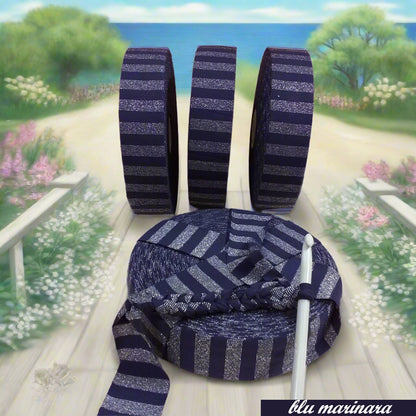 blu marinara con glitter brillantini lamè fettuccia lurex maglina lycra uso borse uncinetto cestini scaldacollo collane sciarpe stole  pochette cerimonia sera cappelli