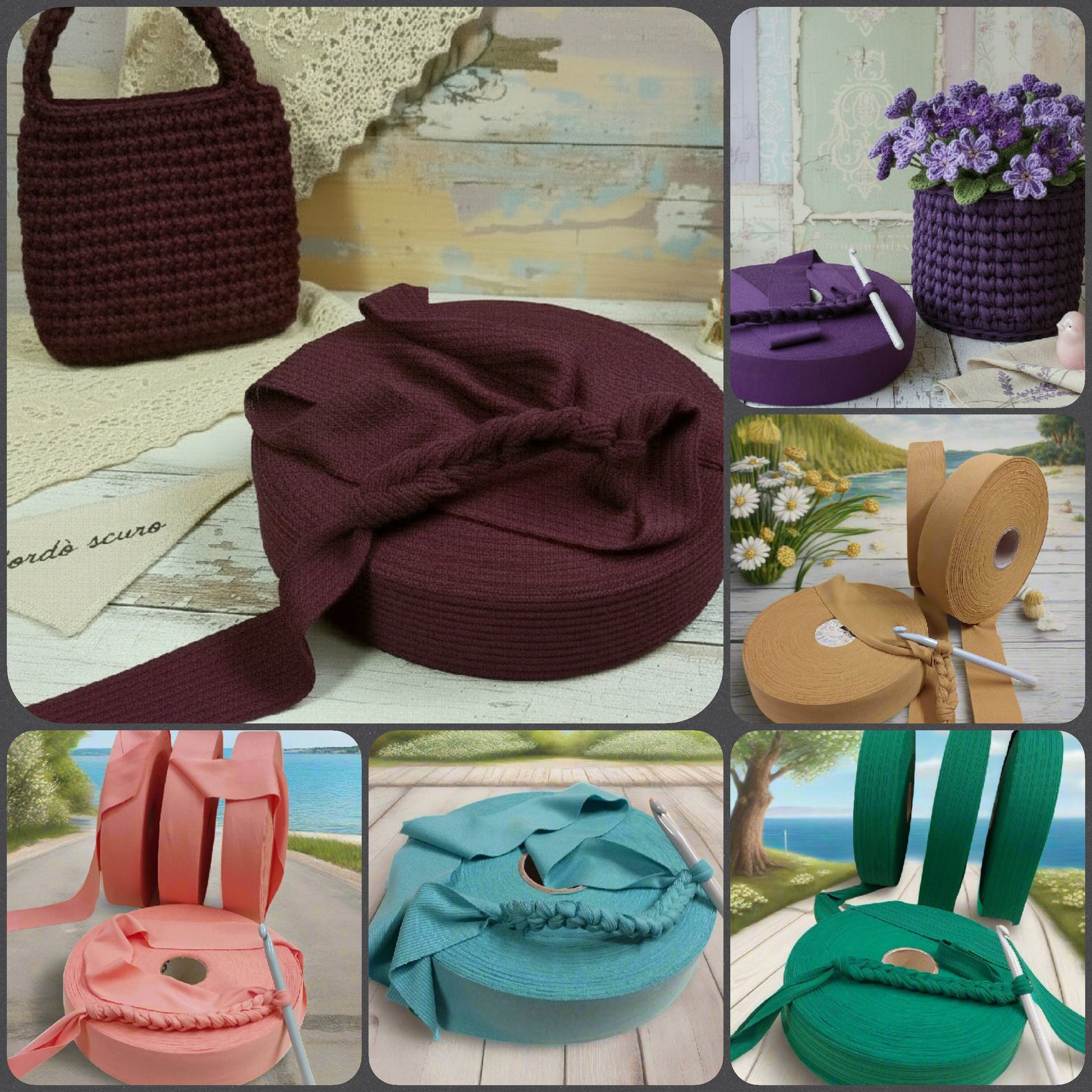 autunno 2025 bordò corallo tiffani chiaro viola senape ocra verde smeraldo shop offerta vendita fettuccia stafil maglina morbida elastane plissé poliammide lycra soft-elastica colori moda alta pizza larga piatta 4 cm uso borse uncinetto clutch bags crochet amigurumi cestini